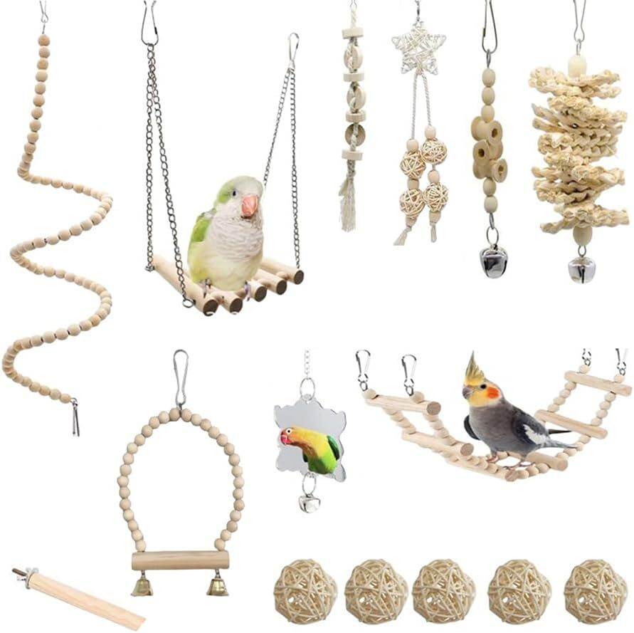 15 Packs Bird Parrot Swing Toys Birds Natural Wood Chewing Toy Standing Hangi...