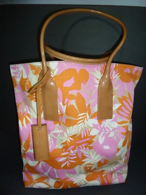 VTG ESCADA SPORT CANVAS & PATENT LEATHER BEACH TOTE, Pink Orange Summer Floral