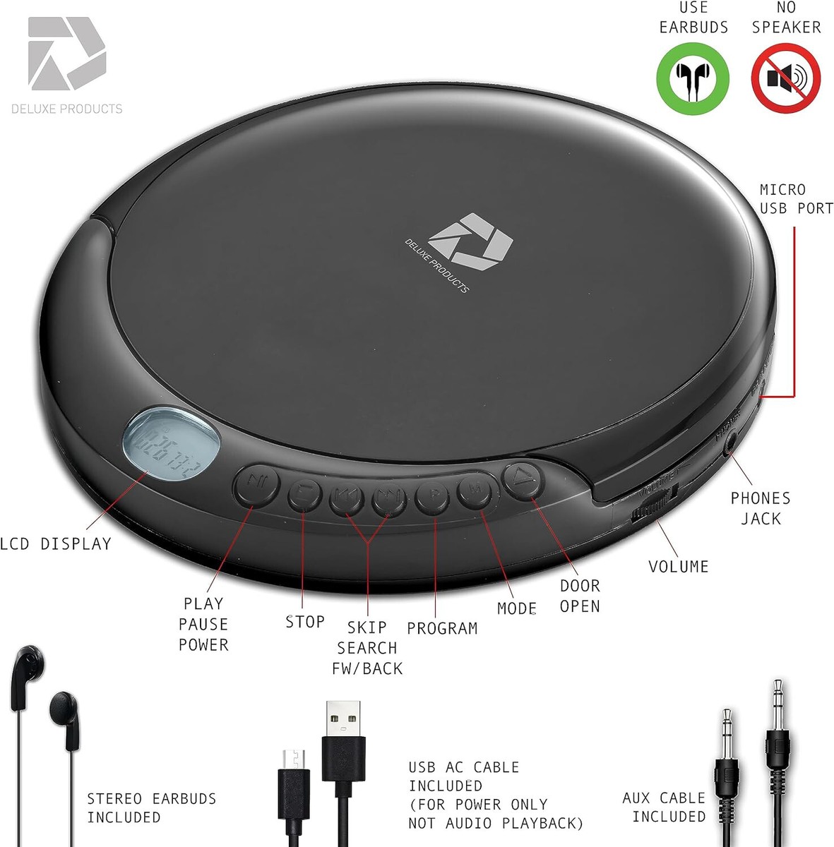 Portable CD Player Anti Skip Walkman Stereo Earbuds AUX AC