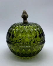 Vintage Candy Dish w/Lid, Mount Vernon Olive Green Indiana Glass, Globe, MCM, 5”