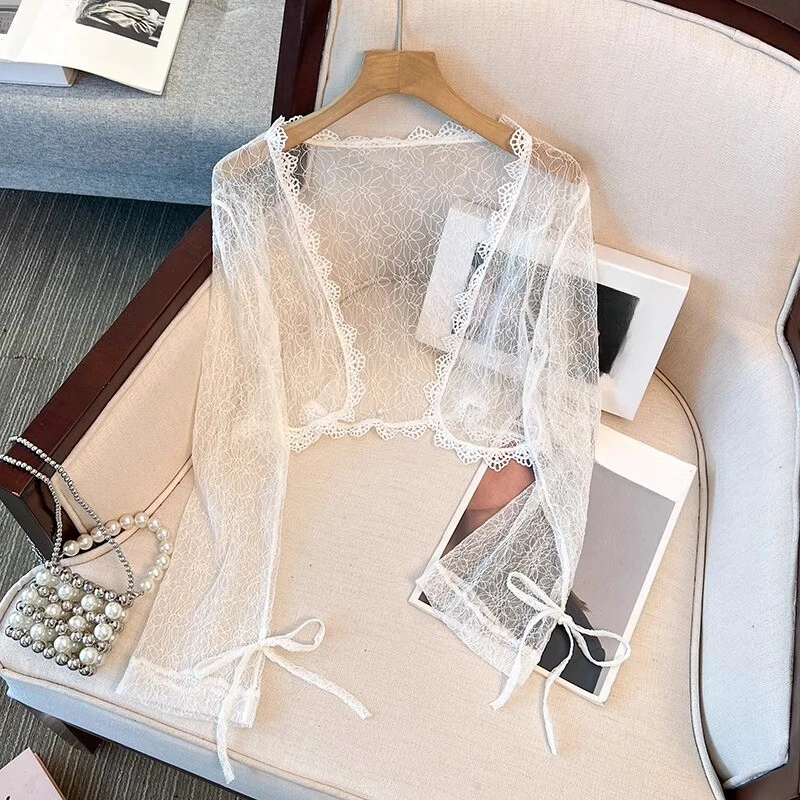 Donna Pizzo Trasparente Scialle Camicia Sottile Cardigan Floreale Fiocco Nappa - Immagine 3 di 4