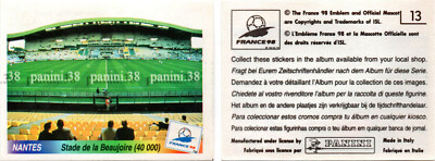 Autocollant Panini Stade Nantes N°13 - Coupe Du Monde France 98 - Original RARE