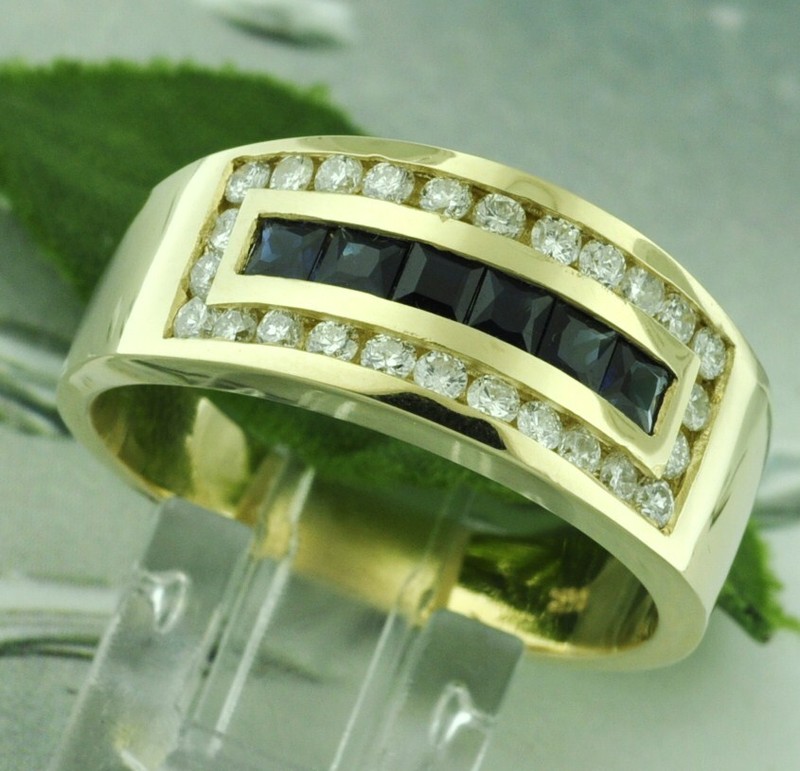 14k Solid Yellow Gold Mens Men's Natural Diamond & Blue Sapphire Ring 1.70 ct