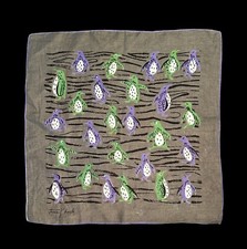 Tammis Keefe Purple/Green Penguins On Gray Vintage Hanky Handkerchief 1950s