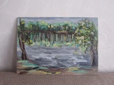 Landscape spring original oil painting, landscape of the river, spring landscape