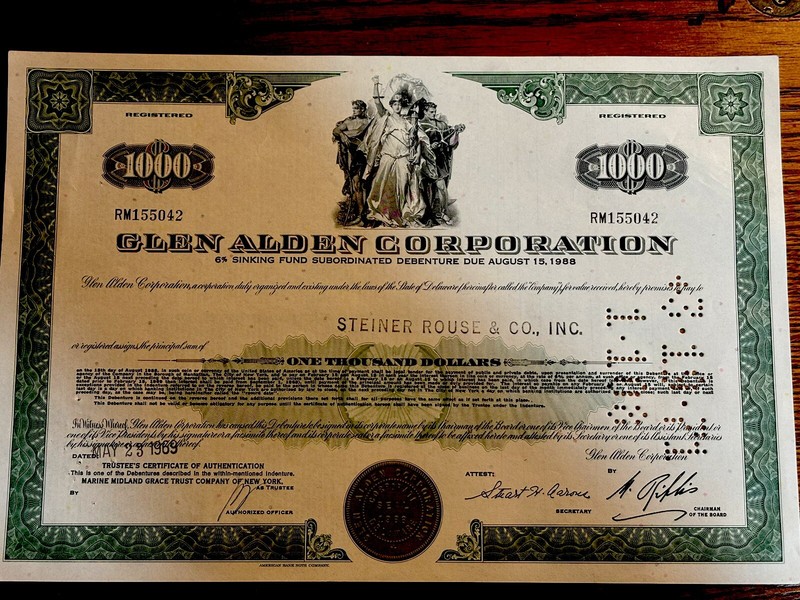 1969 Glen Alden Corporation $1000   Wilkes Barre Pa. Historic Coal Company