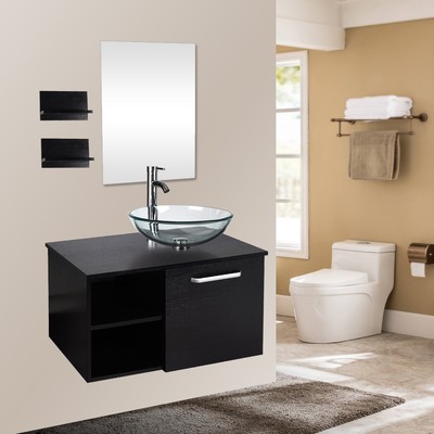 28 Bathroom Vanity Floating Cabinet Wood Top Clear Glass Sink Bowl Mirror Set 711639353572 Ebay