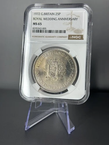 1972 Great Britain 25 Pence Coin 25P Royal Wedding Anniversary NGC MS65