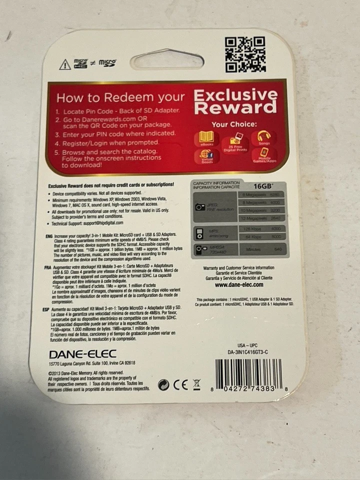 Dane 16GB MicroSD Memory Card With Adapter - Black DA-3IN1C416GT3-C Dane-Elec - Image 2 of 2