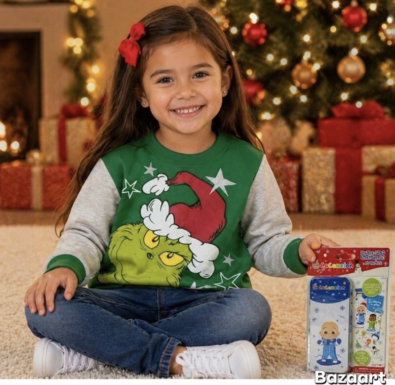 2 pc Sz L Grinch Who Stole Christmas Sweatshirt Dr. Seuss Cocomelon Magnet Dolls