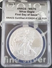 2019 US Uncirculated Silver Eagle-1 oz .999 Fine Silver-ANACS MS 70