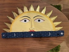 Vintage Indonesian Hand Painted Wooden Celestial Wall Hanging With 4 Hooks