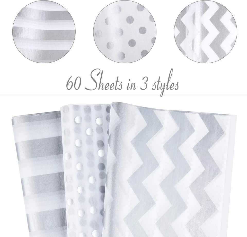 MIAHART 60 Pcs Silver White Tissue Paper Bulk 3 Style Decorative Metallic Wrappi - Image 4 of 4