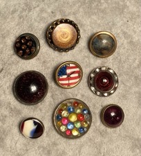 Victorian Glass In Metal Button Group Of 9 With Unique Accents 3/8&rdquo;-7/8&rdquo;Diameter