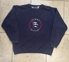 Tommy Hilfiger Navy Crewneck Pullover Sweater L Flag Logo Graphic Print Fleece