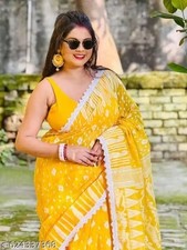 Dhakai Yellow jamdani Cotton Silk Saree For Women Sari With Unstitched Blouse