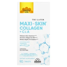 Country Life Tri Layer Maxi-Skin Collagen Plus C A 90 Tablets Gluten-Free, GMP