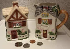 VTG COTTAGE CREAMER AND SUGAR Country Hand painted 4.5”T x 4.5”W 10 oz Farmhouse