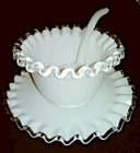 Fenton SILVER CREST Milk Glass Mayonnaise Condiment Bowl + Underplate & Ladle