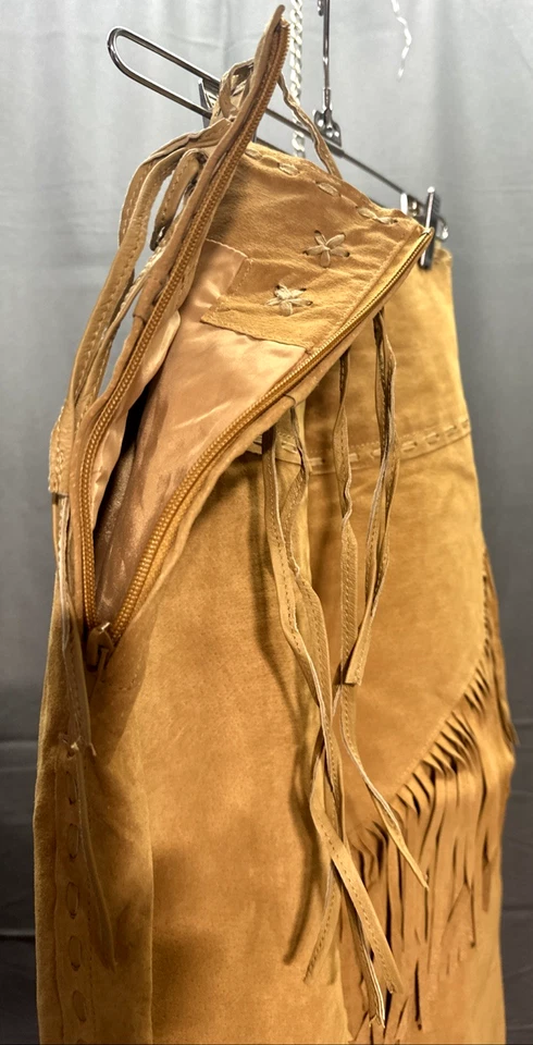 Falda larga de cuero marrón con flecos laterales de gamuza jabalí Scully para mujer talla XL L659 Foto 3 de 4