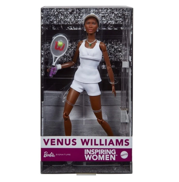 Muñeca Barbie inspiradora para mujer Venus Williams con uniforme de tenis y raqueta Foto 3 de 4