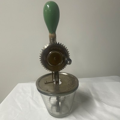 Manual Egg Beater with Glass Jar, Green Handle, Metal Lid, Gear Mechanism