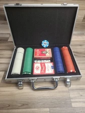 Suitcase Of Poker Chips And Cards W/ Vintage Casino Cards And Dice