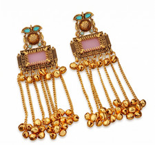 Traditional Indian Gold Plated Jhumka Pink Stone kashmiri Earrings Ghungroo Drop