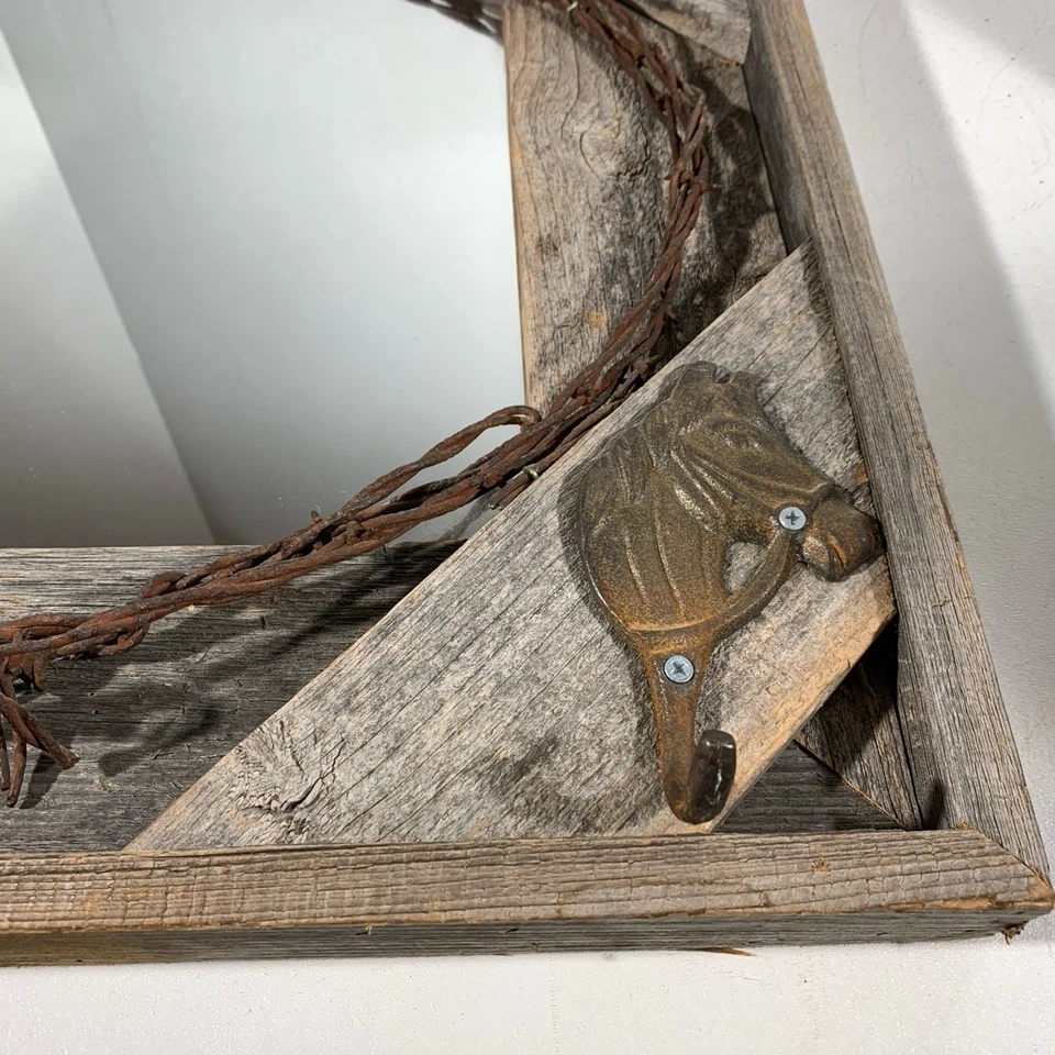Western Farmhouse Rustic Wood Wall Hanging Accent Mirror Coat Hat Hanger Decor - Image 2 of 4