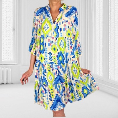 Italy Sommerkleid Kleid Boho Stufenkleid mit buntem Ethno-Print Viskose Urlaub