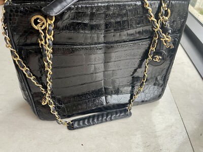 Unique Authentic Fantastic Vintage Black crocodile Chanel Shoulder