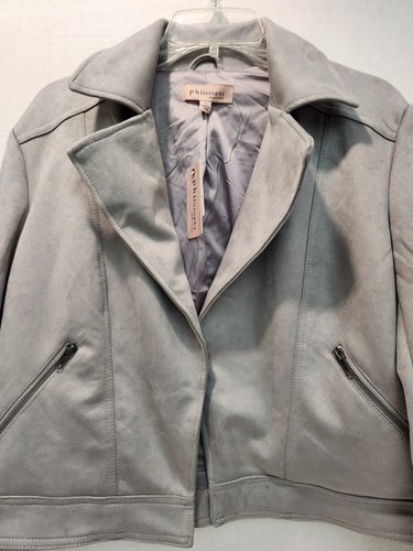 Philosophy Faux Suede Grey Open Front Short Moto Style Jacket L (LRW) - Picture 3 of 9