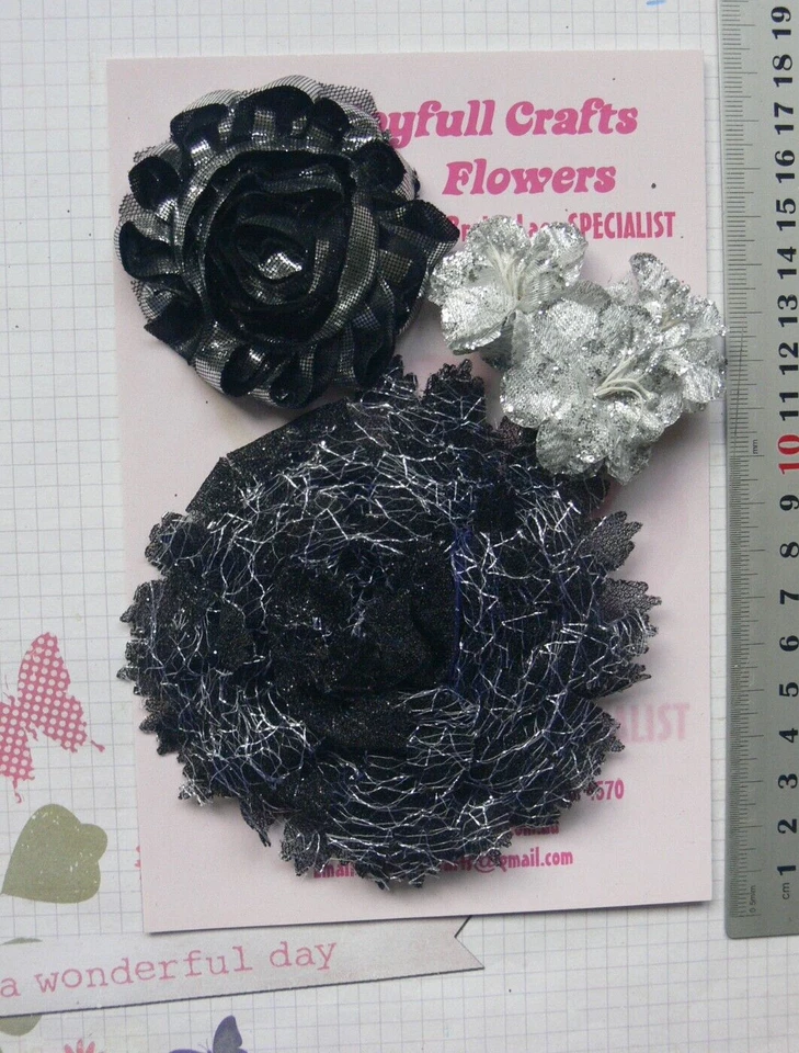 BLACK & SILVER Fabric Lace Organza Sparkle 5 Pk Flower Mix 35-100mm Z4 C NJC — 第 2/4 张图片
