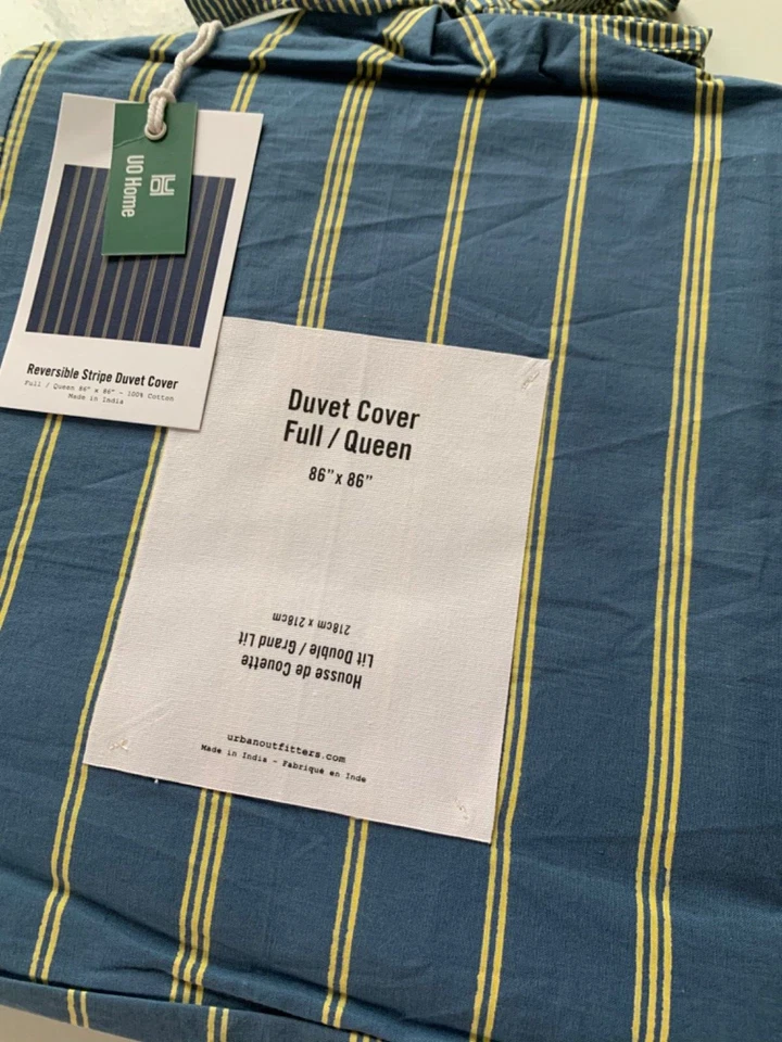 Funda Nórdica URBAN OUTFITTERS COMPLETA/QUEEN Algodón RAYAS REVERSIBLES Azul Amarillo Nueva con Etiquetas Foto 3 de 4