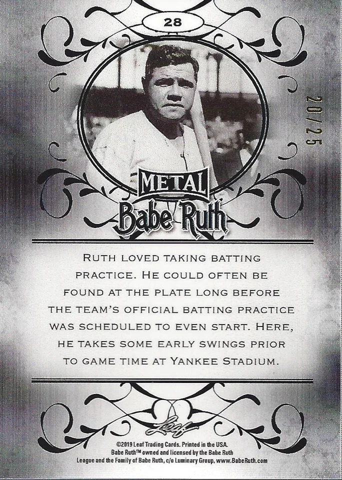 2019 Leaf Metal Babe Ruth Collection Purple #28 Babe Ruth /25 - NM-MT - Image 2 of 2