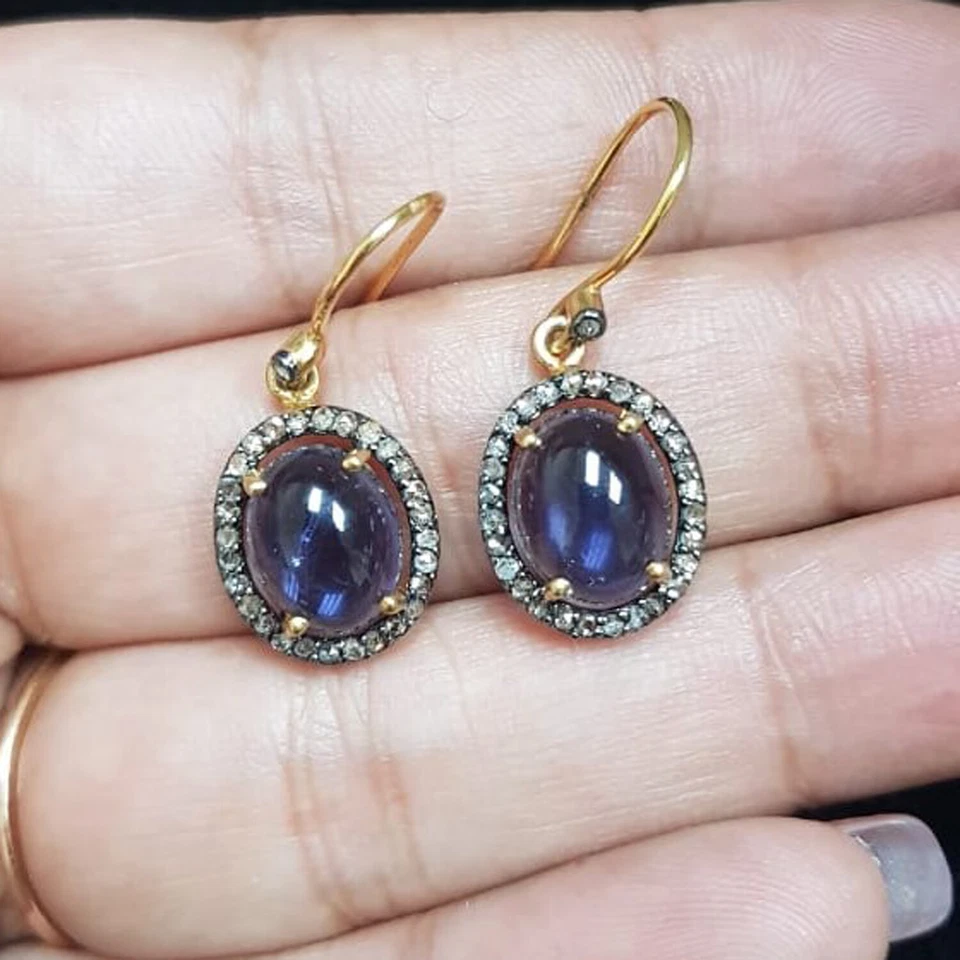 Iolite Gemstone 14K Gold Diamond Pave Hook Earrings 925 Silver Fine Gift Jewelry - Image 4 of 4