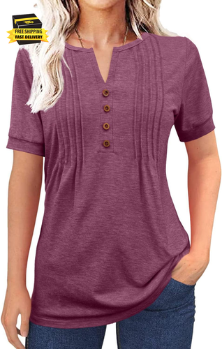 Womens Tops Pleated Button V Neck Short Sleeve Dreesy Casual T-Shirts Summer Fas