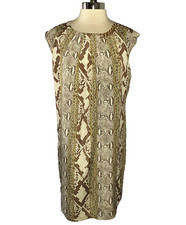 MICHAEL KORS Size 12 Shift Dress Brown Ivory Animal Print Gold Chain Cap Sleeve