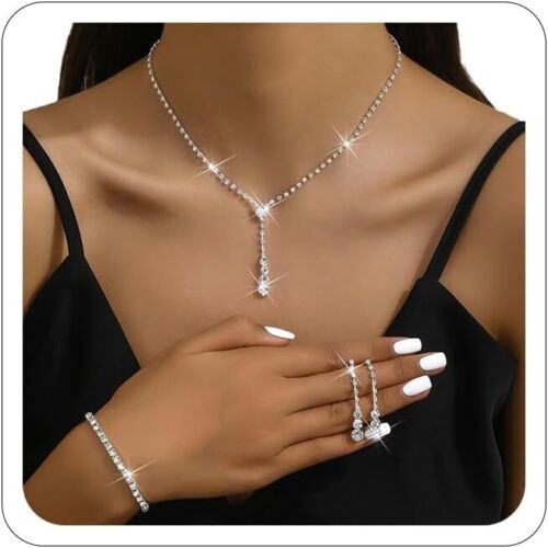 Crystal Necklace Earrings Bracelet Jewelry Set Bride Bridesmaid Wedding Prom Par