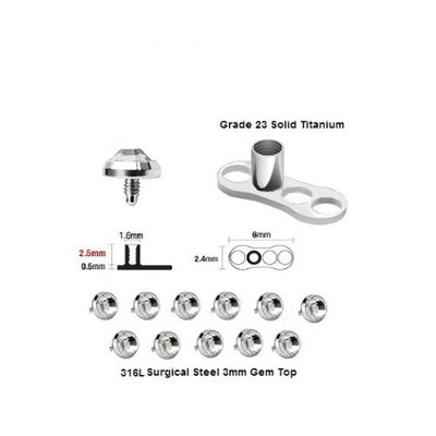 Dermal Anchor 50pcs Solid Titanium Base and 3MM Clear CZ Top