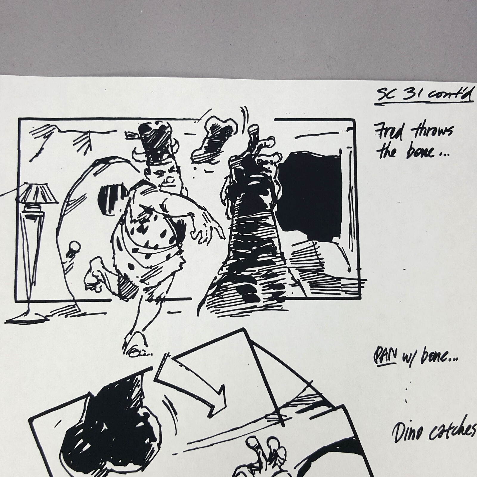 Image 4 of The Flintstones (1994 Film) Production Used Storyboard, Fred Throws Bone to Dino