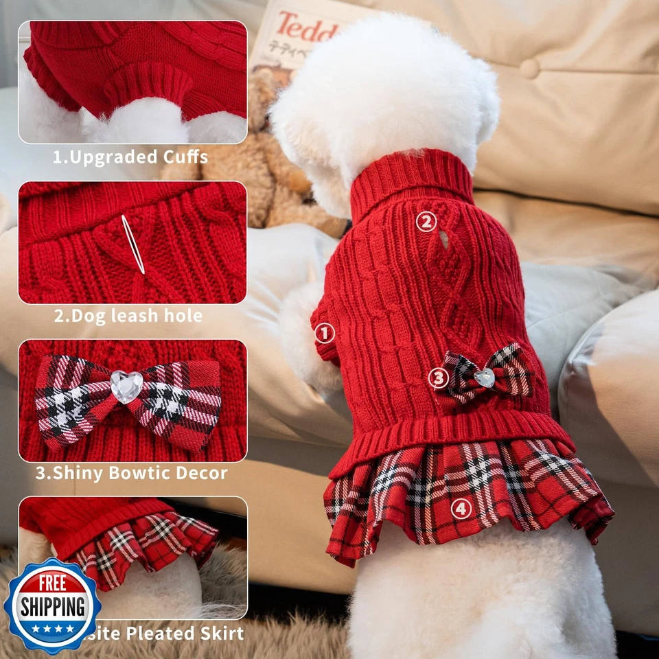 WOYYHO Niña Perro Suéter Vestido con Pajarita Cuello Alto Perros Pequeños Suéter con Foto 2 de 4