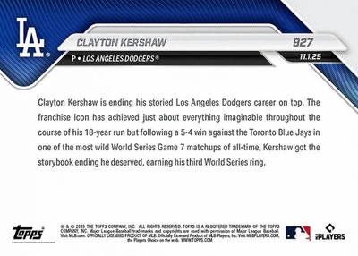 Clayton Kershaw World Series Champion 2025 MLB Topps NOW Card 927