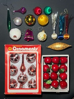 Lot 34 Vintage Christmas Tree Baubles Decorations Spun Satin Glass Painted Boxed