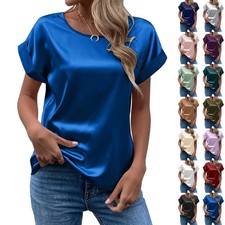 Ladies Satin Silk Short Sleeve Shirts Plain TEE Crew Neck Summer Blouse Top SIZE