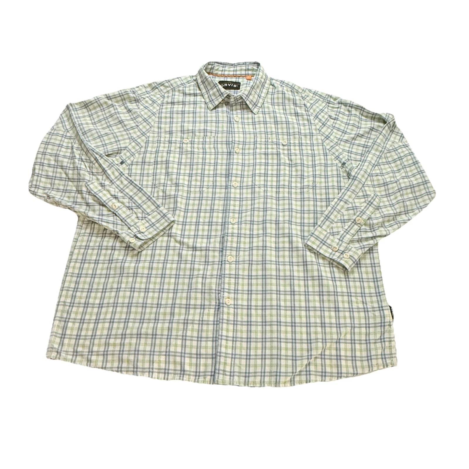 Orvis Long Sleeve Fishing Shirt Mens XL Green Blue Plaid Hiking Outdoor FLAW