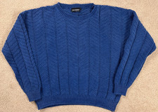 Vintage 90s Plain Blue Chunky Open Knit Grandpa Crewneck Sweater Adult Large
