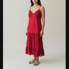 Michael Kors Cotton Spaghetti Strap Eyelet Ruffle MIDI Dress Vintage Red 10 NWT