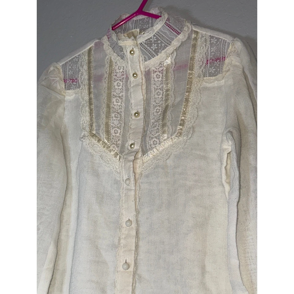 Vintage Gunne Sax Lace Cotton Long Sleeve Blouse Kids Girls Size 6 Small Cream - Image 4 of 4