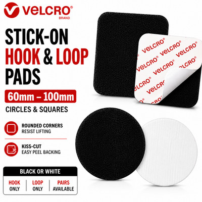 VELCRO  Klebepads 60-100 mm - Kreise oder Quadrate Klett - schwarz oder weiß